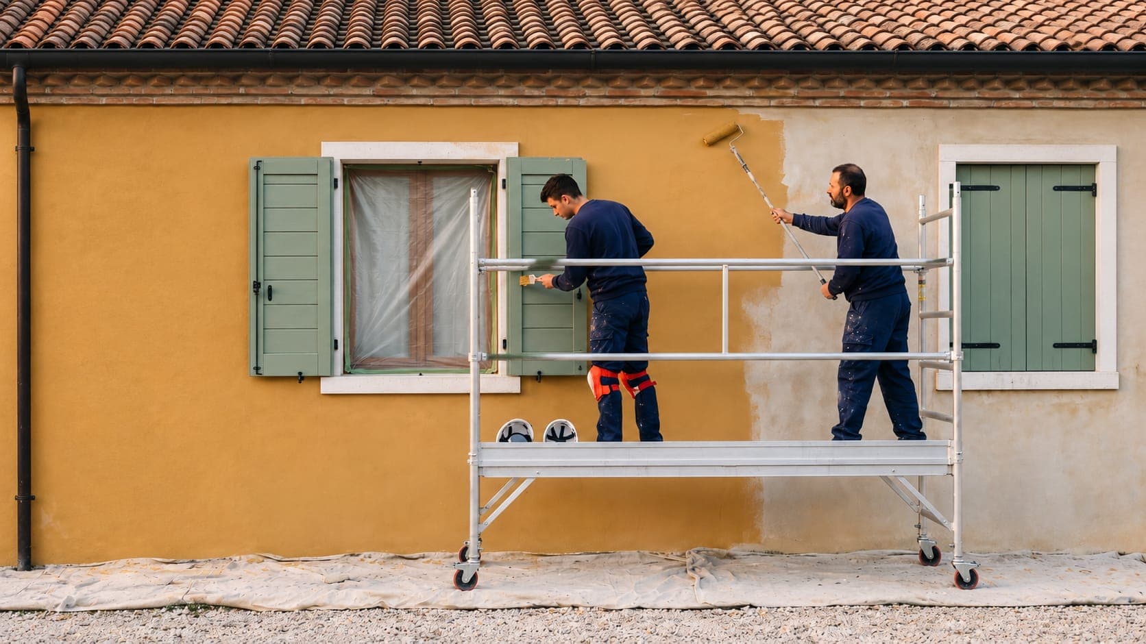 Due imbianchini su un trabattello ritinteggiano la facciata di una casa veneta