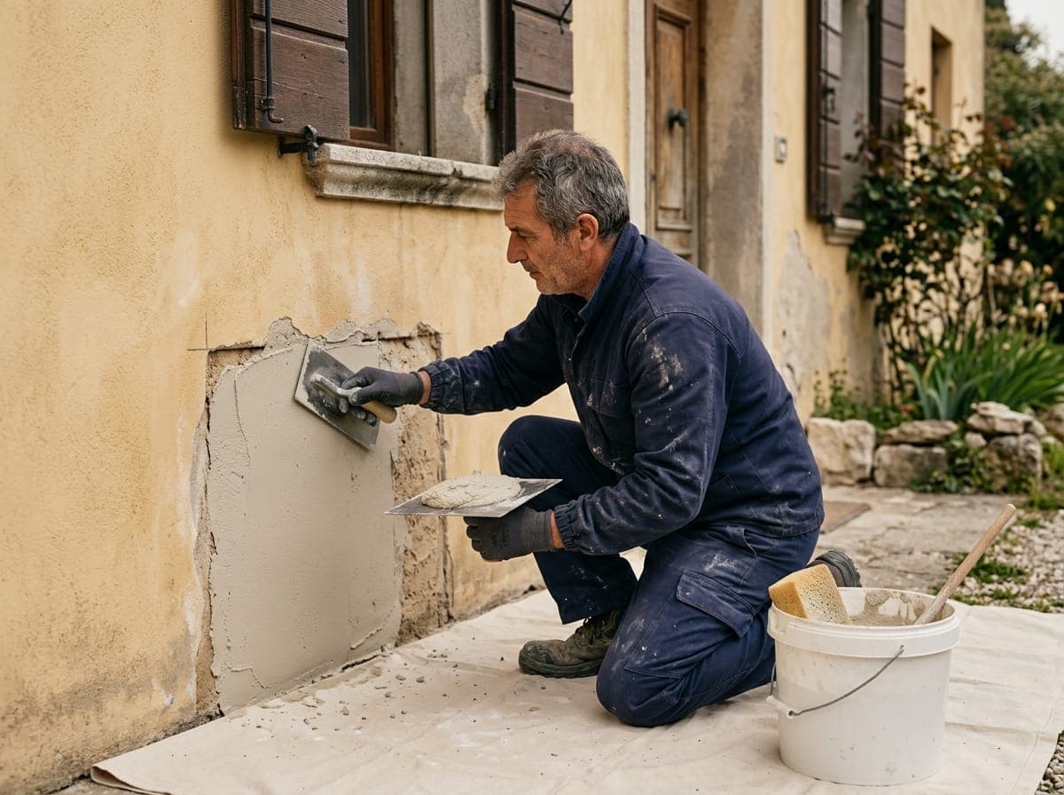 Muratore ripara l'intonaco alla base di una facciata
